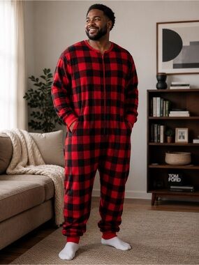 Under Disguise Red and Black Buffalo Plaid One-Piece Pajama Jumpsuit